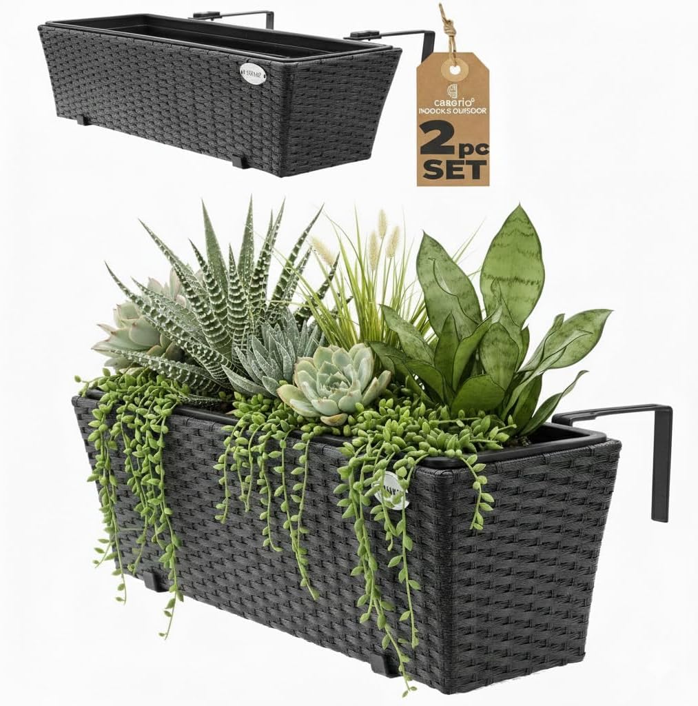 Set of 2 Rattan Balcony Planters 60cm Hanging Window Box Black - Kwikley