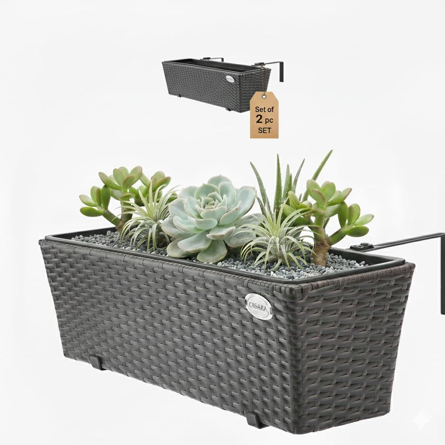 Set of 2 Rattan Balcony Planters 60cm Hanging Window Box Brown - Kwikley