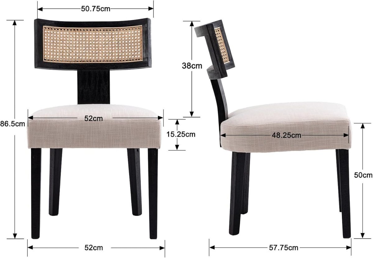 Set of 2 Retro Dining Chairs Wood Rattan Back Linen Upholstered Black - Kwikley
