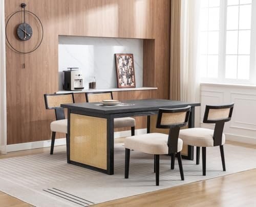 Set of 2 Retro Dining Chairs Wood Rattan Back Linen Upholstered Black - Kwikley