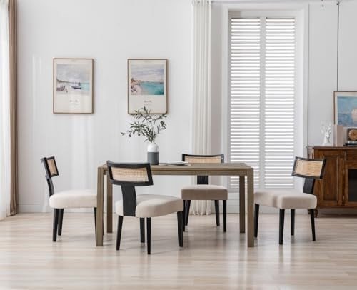 Set of 2 Retro Dining Chairs Wood Rattan Back Linen Upholstered Black - Kwikley