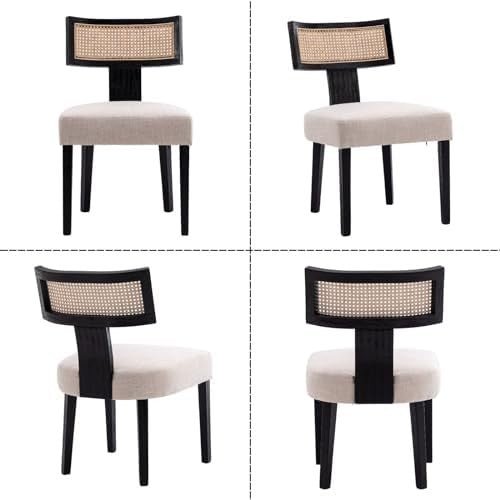 Set of 2 Retro Dining Chairs Wood Rattan Back Linen Upholstered Black - Kwikley
