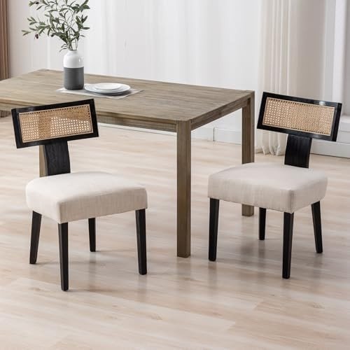 Set of 2 Retro Dining Chairs Wood Rattan Back Linen Upholstered Black - Kwikley