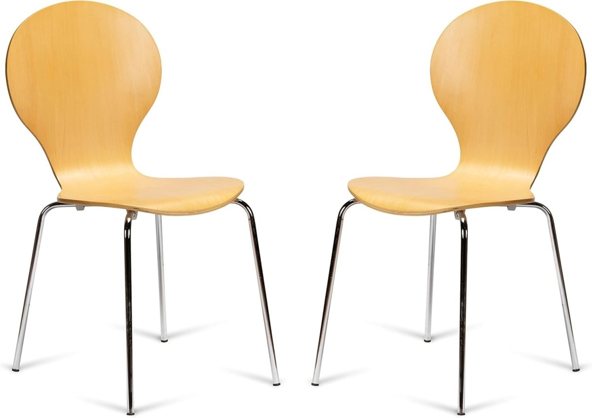 Set of 2 Stackable Dining Chairs Natural Wood Chrome Legs Kitchen Bistro - Kwikley