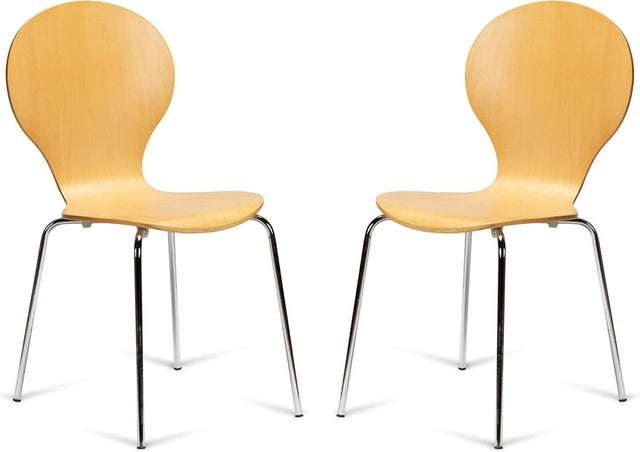 Set of 2 Stackable Dining Chairs Natural Wood Chrome Legs Kitchen Bistro