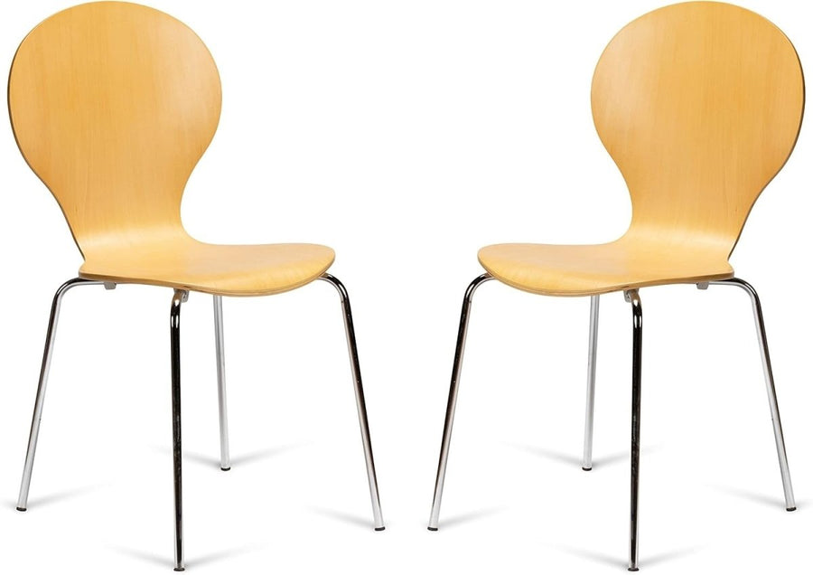 Set of 2 Stackable Dining Chairs Natural Wood Chrome Legs Kitchen Bistro - Kwikley