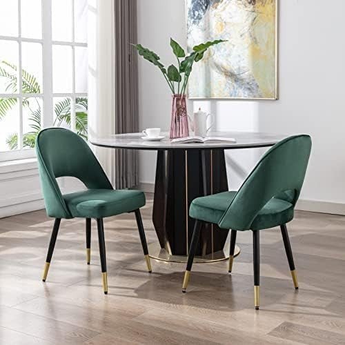 Set of 2 Velvet Dining Chairs Upholstered Kitchen Chairs Metal Legs Green - Kwikley