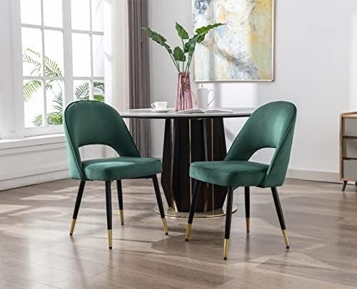 Set of 2 Velvet Dining Chairs Upholstered Kitchen Chairs Metal Legs Green - Kwikley