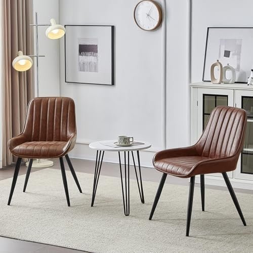 Set of 2 Vintage Faux Leather Dining Chairs Brown Metal Legs - Kwikley