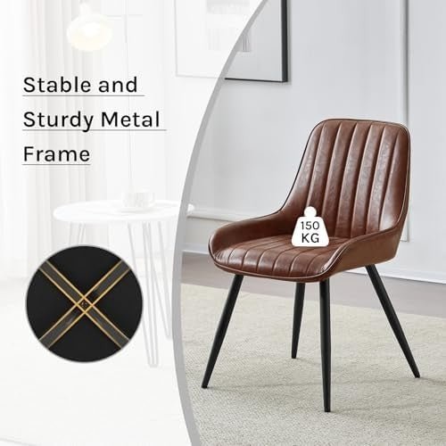 Set of 2 Vintage Faux Leather Dining Chairs Brown Metal Legs - Kwikley