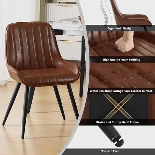 Set of 2 Vintage Faux Leather Dining Chairs Brown Metal Legs - Kwikley