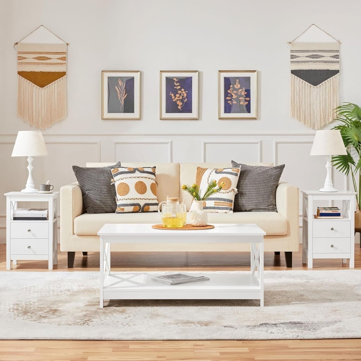Set of 2 White Bedside Tables with Drawers & Shelf – Modern X - Design Nightstands - Kwikley