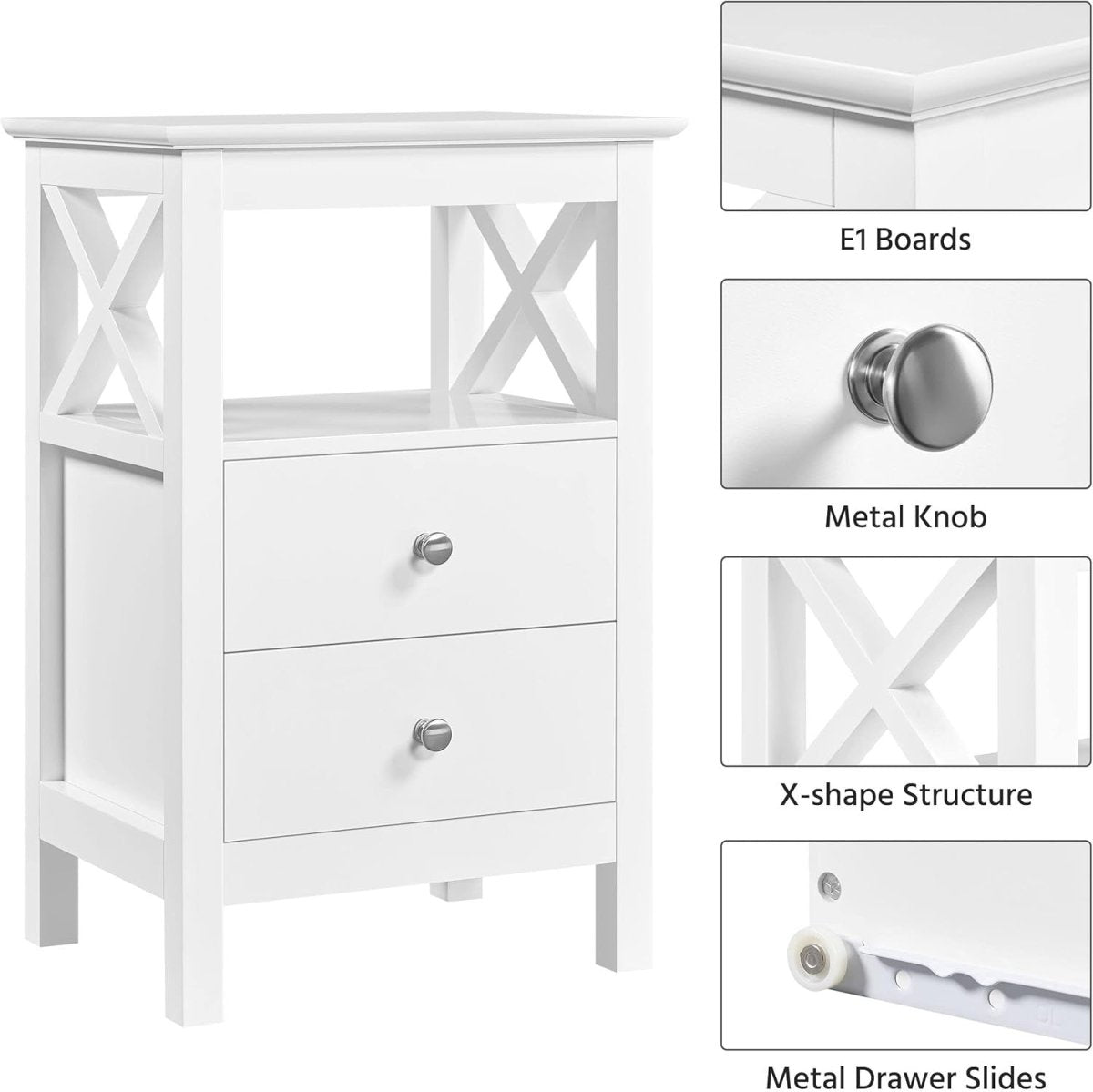 Set of 2 White Bedside Tables with Drawers & Shelf – Modern X - Design Nightstands - Kwikley