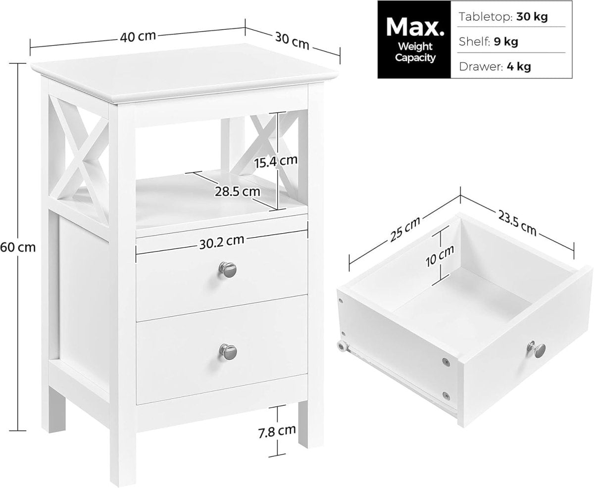 Set of 2 White Bedside Tables with Drawers & Shelf – Modern X - Design Nightstands - Kwikley
