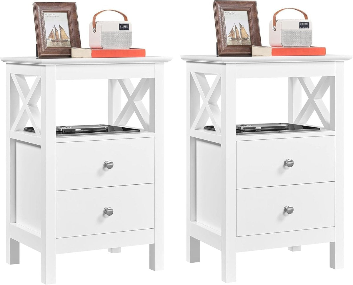 Set of 2 White Bedside Tables with Drawers & Shelf – Modern X - Design Nightstands - Kwikley