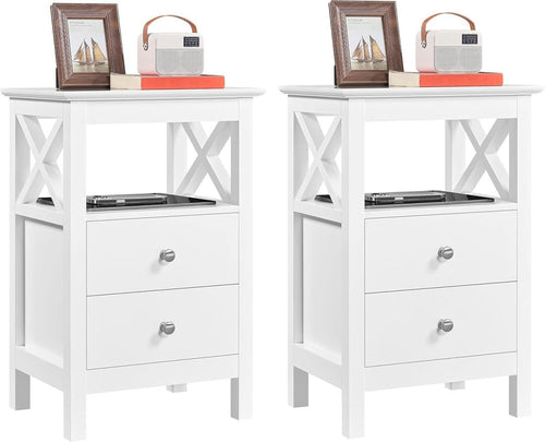 Set of 2 White Bedside Tables with Drawers & Shelf – Modern X - Design Nightstands - Kwikley