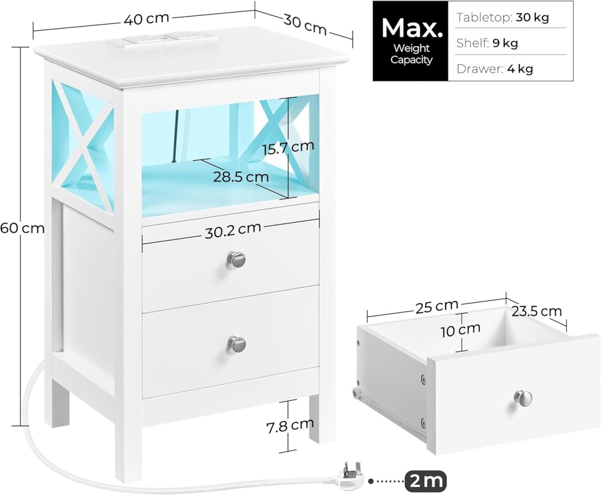 Set of 2 White LED Bedside Tables with Charging Station – 2 Drawers & Shelf 30x4 - Kwikley