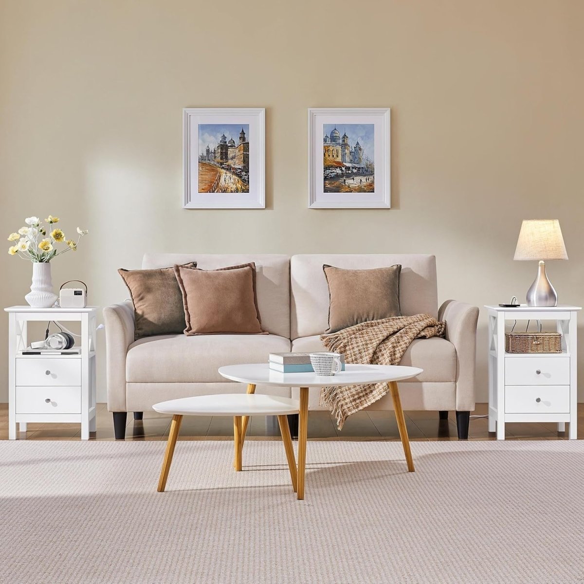 Set of 2 White LED Bedside Tables with Charging Station – 2 Drawers & Shelf 30x4 - Kwikley