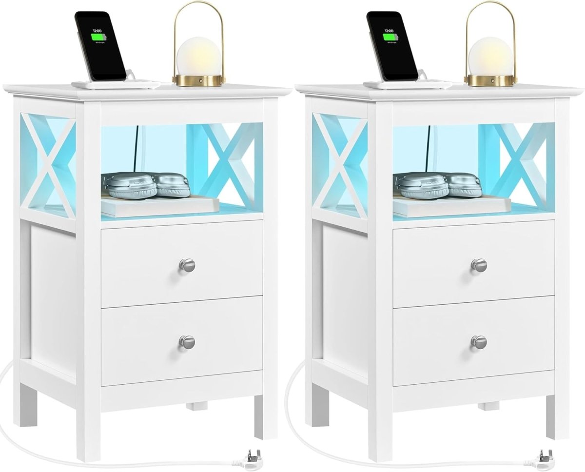 Set of 2 White LED Bedside Tables with Charging Station – 2 Drawers & Shelf 30x4 - Kwikley