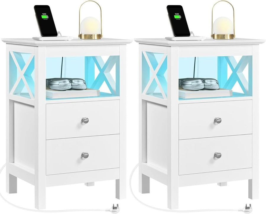 Set of 2 White LED Bedside Tables with Charging Station – 2 Drawers & Shelf 30x4 - Kwikley
