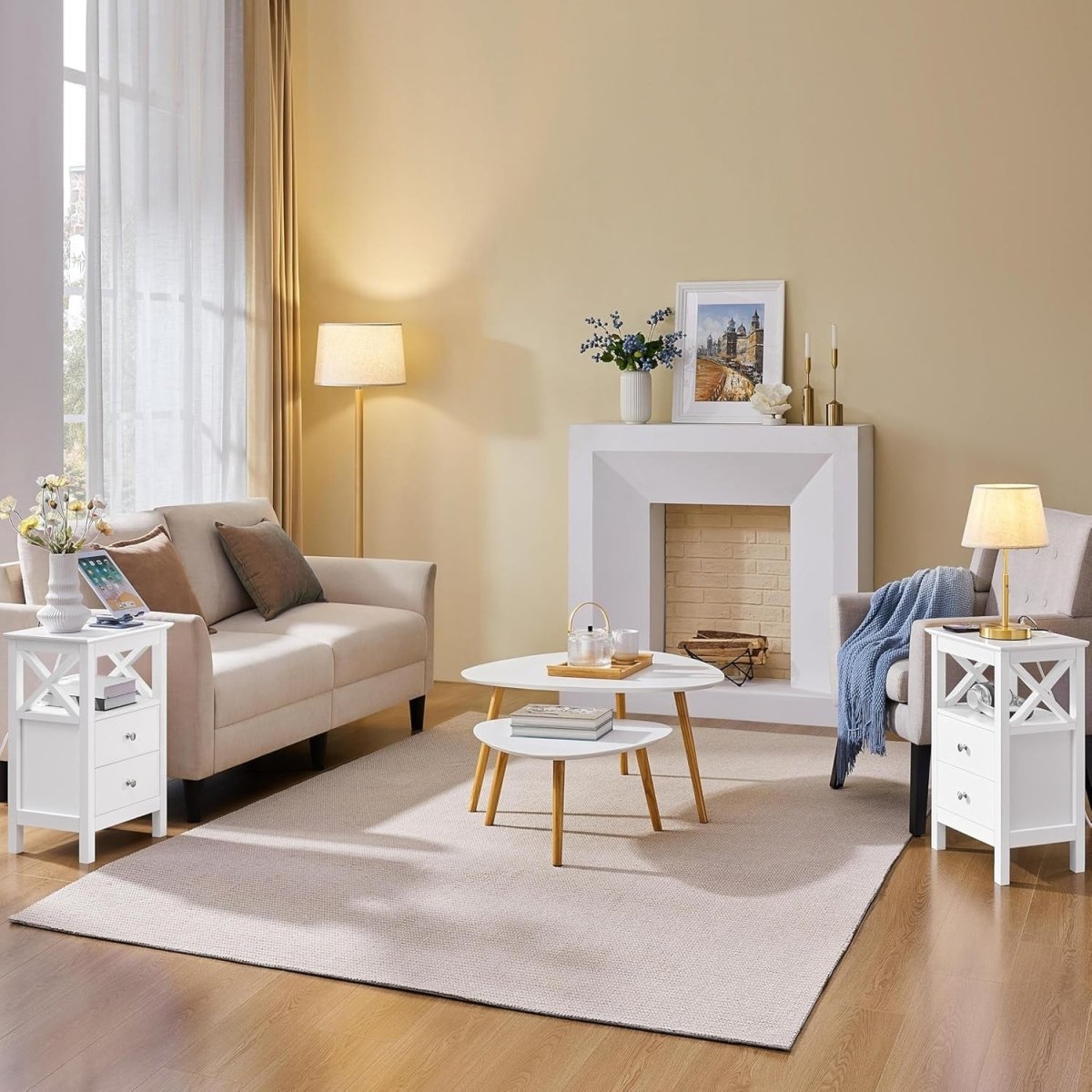 Set of 2 White LED Bedside Tables with Charging Station – 2 Drawers & Shelf 30x4 - Kwikley
