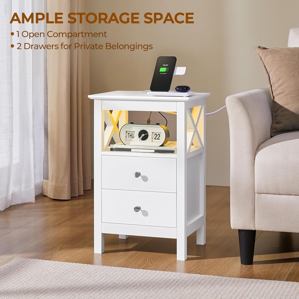 Set of 2 White LED Bedside Tables with Charging Station – 2 Drawers & Shelf 30x4 - Kwikley