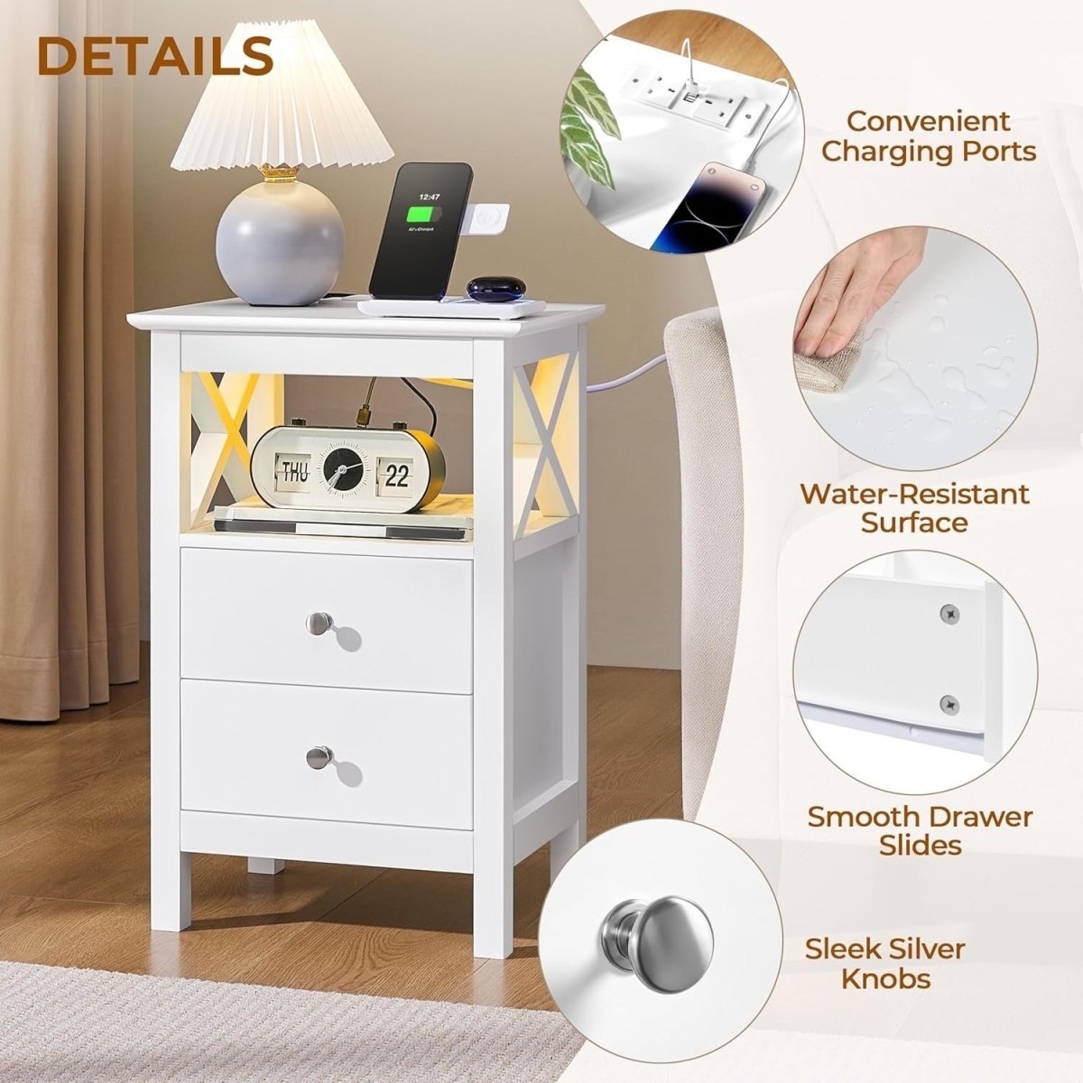 Set of 2 White LED Bedside Tables with Charging Station – 2 Drawers & Shelf 30x4 - Kwikley