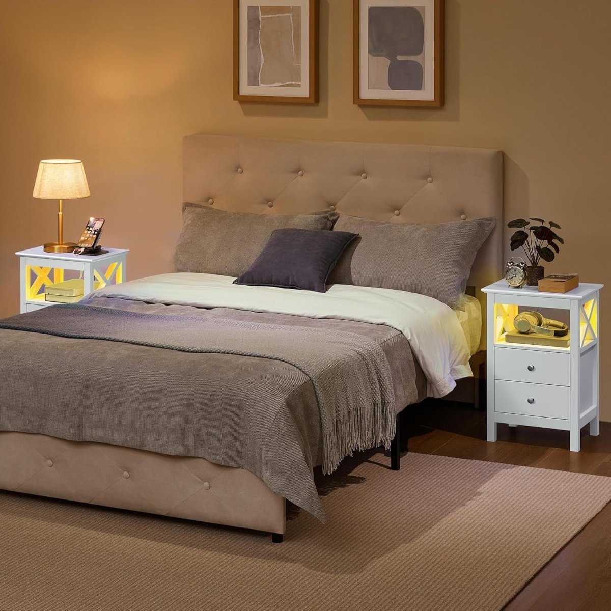 Set of 2 White LED Bedside Tables with Charging Station – 2 Drawers & Shelf 30x4 - Kwikley