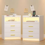 Set of 2 White LED Bedside Tables with Charging Station & 3 Drawers | Modern