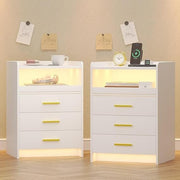 Set of 2 White LED Bedside Tables with Charging Station & 3 Drawers | Modern - Kwikley