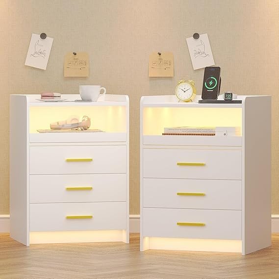 Set of 2 White LED Bedside Tables with Charging Station & 3 Drawers | Modern - Kwikley