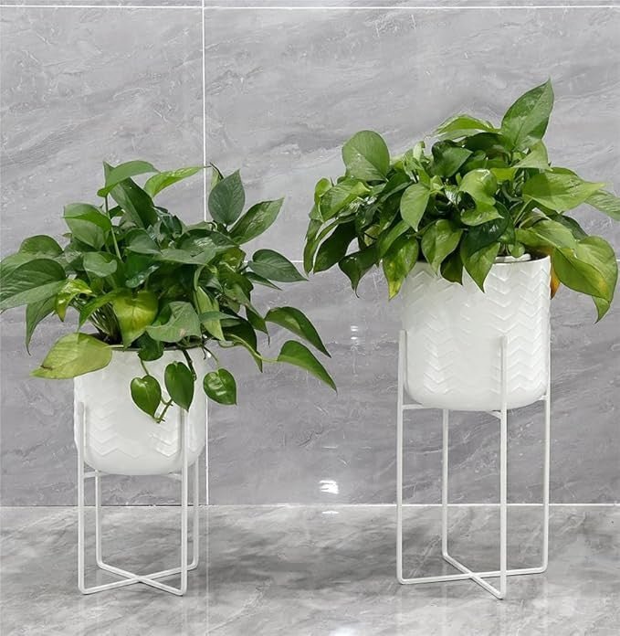 Set of 2 White Metal Planters with Stands Modern Indoor Flower Pots 45CM Home - Kwikley