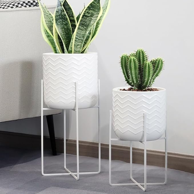 Set of 2 White Metal Planters with Stands Modern Indoor Flower Pots 45CM Home - Kwikley