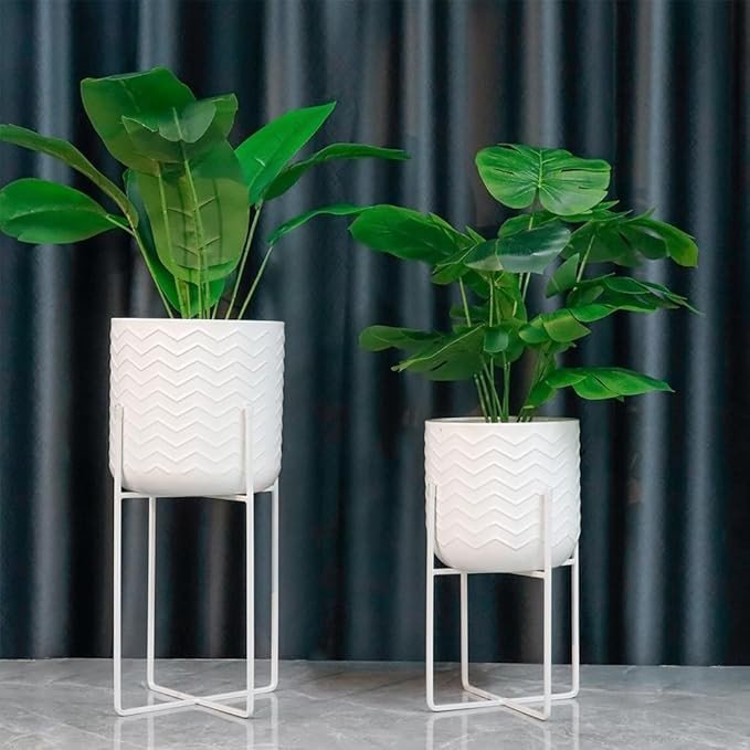 Set of 2 White Metal Planters with Stands Modern Indoor Flower Pots 45CM Home - Kwikley