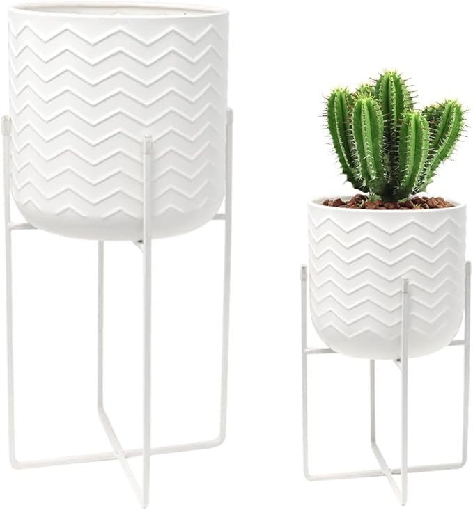 Set of 2 White Metal Planters with Stands Modern Indoor Flower Pots 45CM Home - Kwikley