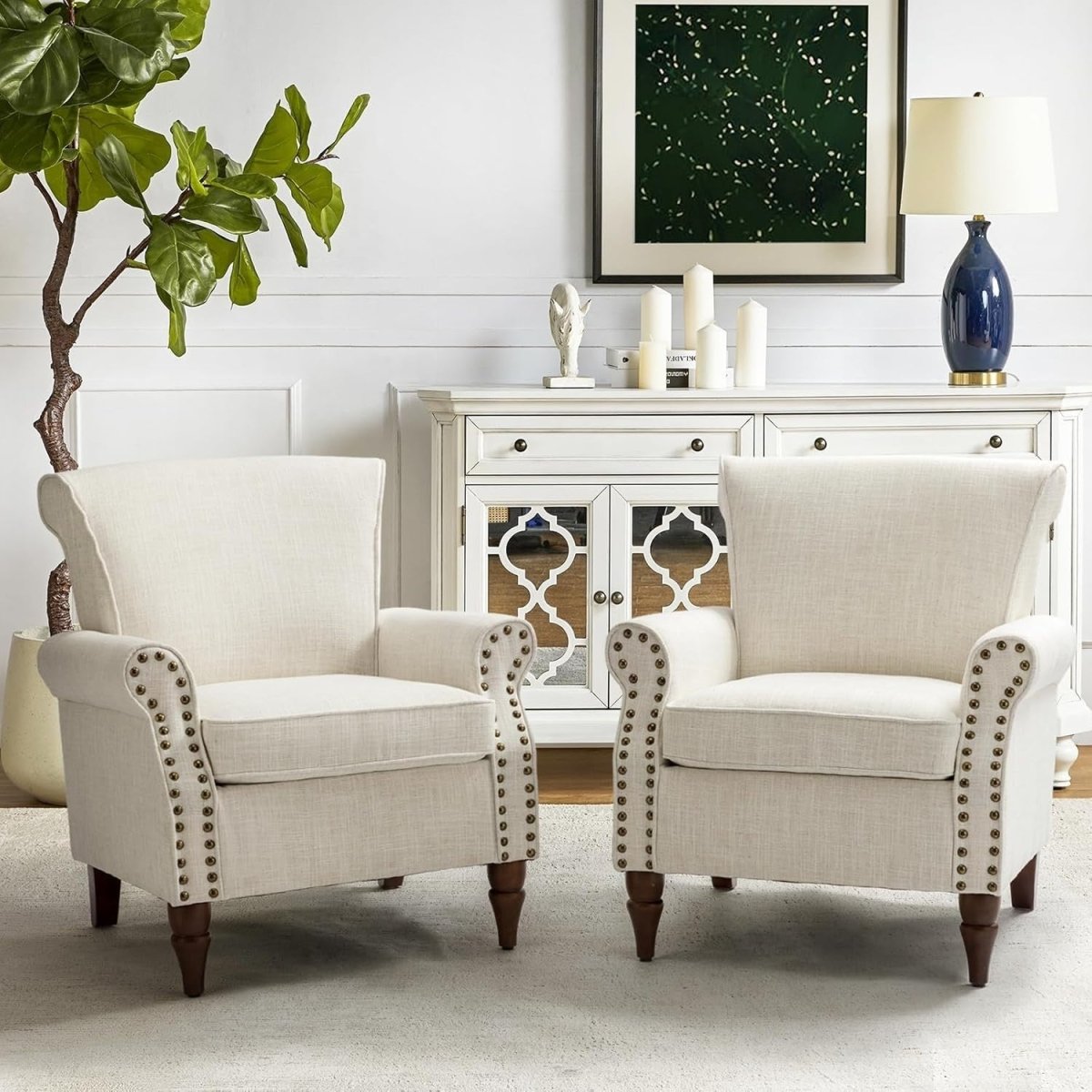 Set of 2 Wingback Accent Chairs Upholstered Armchairs Lounge Sofa Ivory - Kwikley