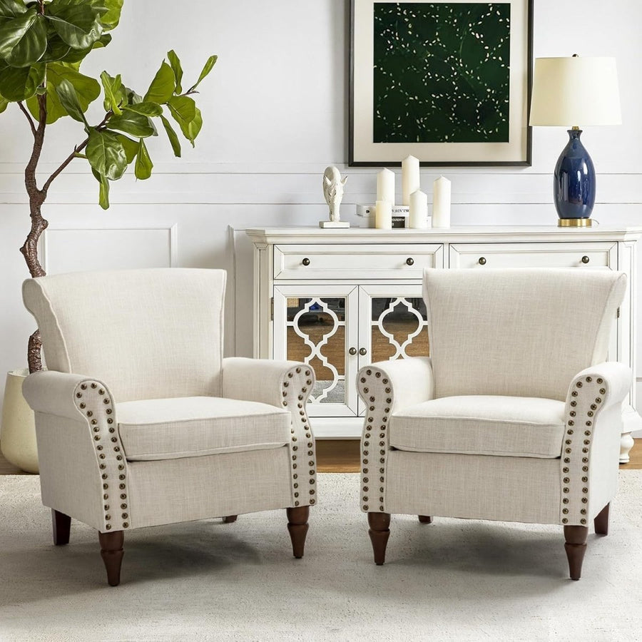 Set of 2 Wingback Accent Chairs Upholstered Armchairs Lounge Sofa Ivory - Kwikley