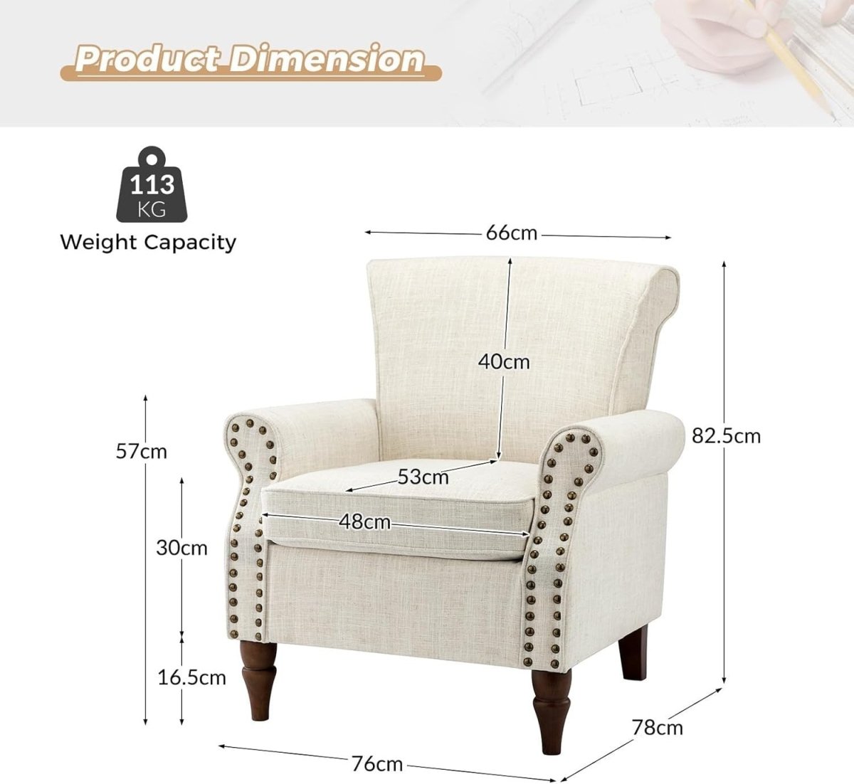 Set of 2 Wingback Accent Chairs Upholstered Armchairs Lounge Sofa Ivory - Kwikley
