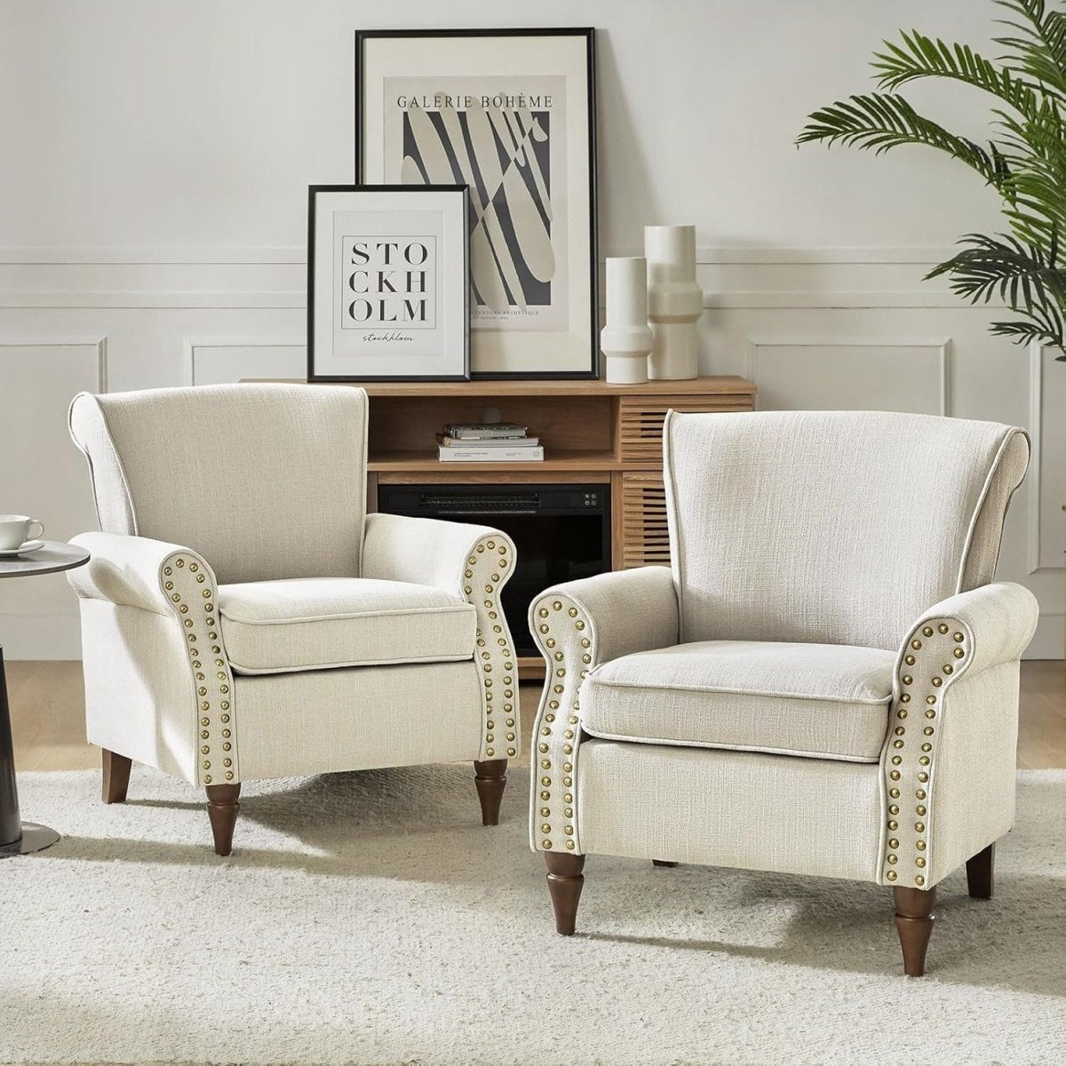 Set of 2 Wingback Accent Chairs Upholstered Armchairs Lounge Sofa Ivory - Kwikley