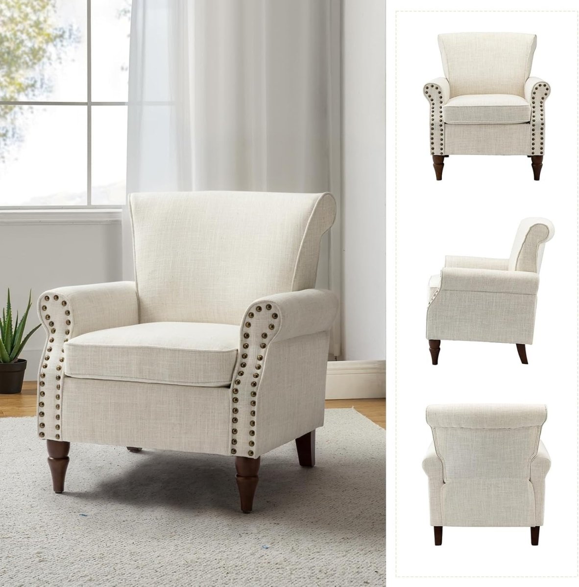 Set of 2 Wingback Accent Chairs Upholstered Armchairs Lounge Sofa Ivory - Kwikley