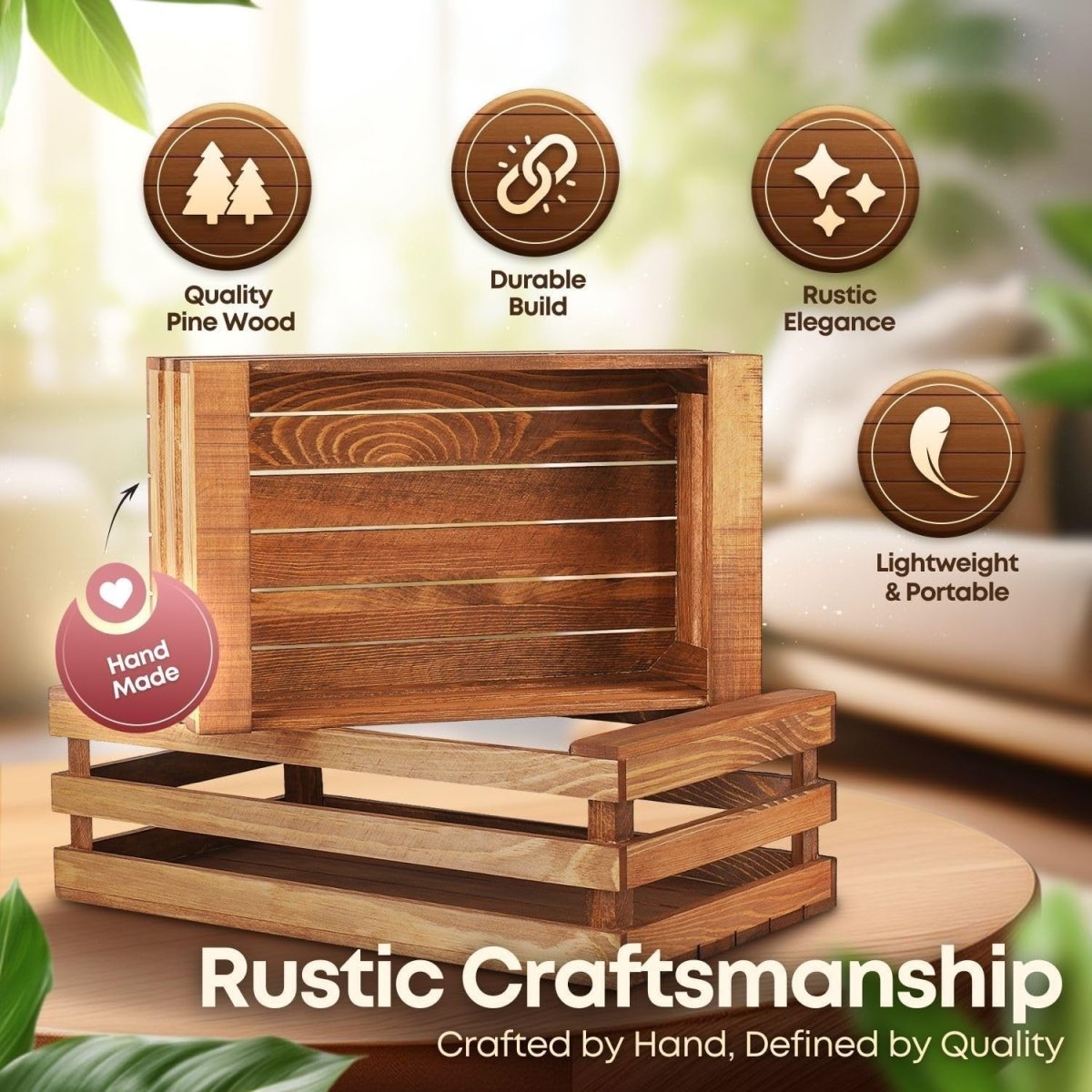 Set of 2 Wooden Crates with Handles 15x8.7x4.6in & 12x7.6x4.2in Storage Boxes - Kwikley