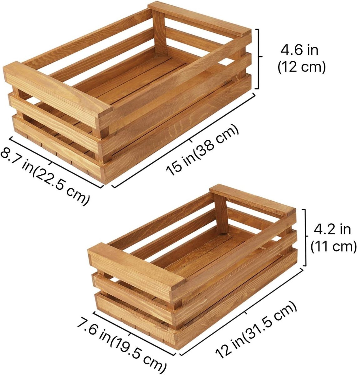 Set of 2 Wooden Crates with Handles 15x8.7x4.6in & 12x7.6x4.2in Storage Boxes - Kwikley