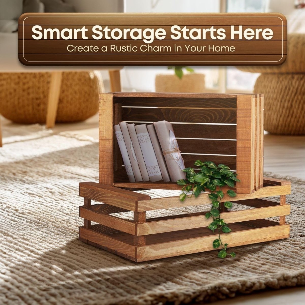 Set of 2 Wooden Crates with Handles 15x8.7x4.6in & 12x7.6x4.2in Storage Boxes - Kwikley
