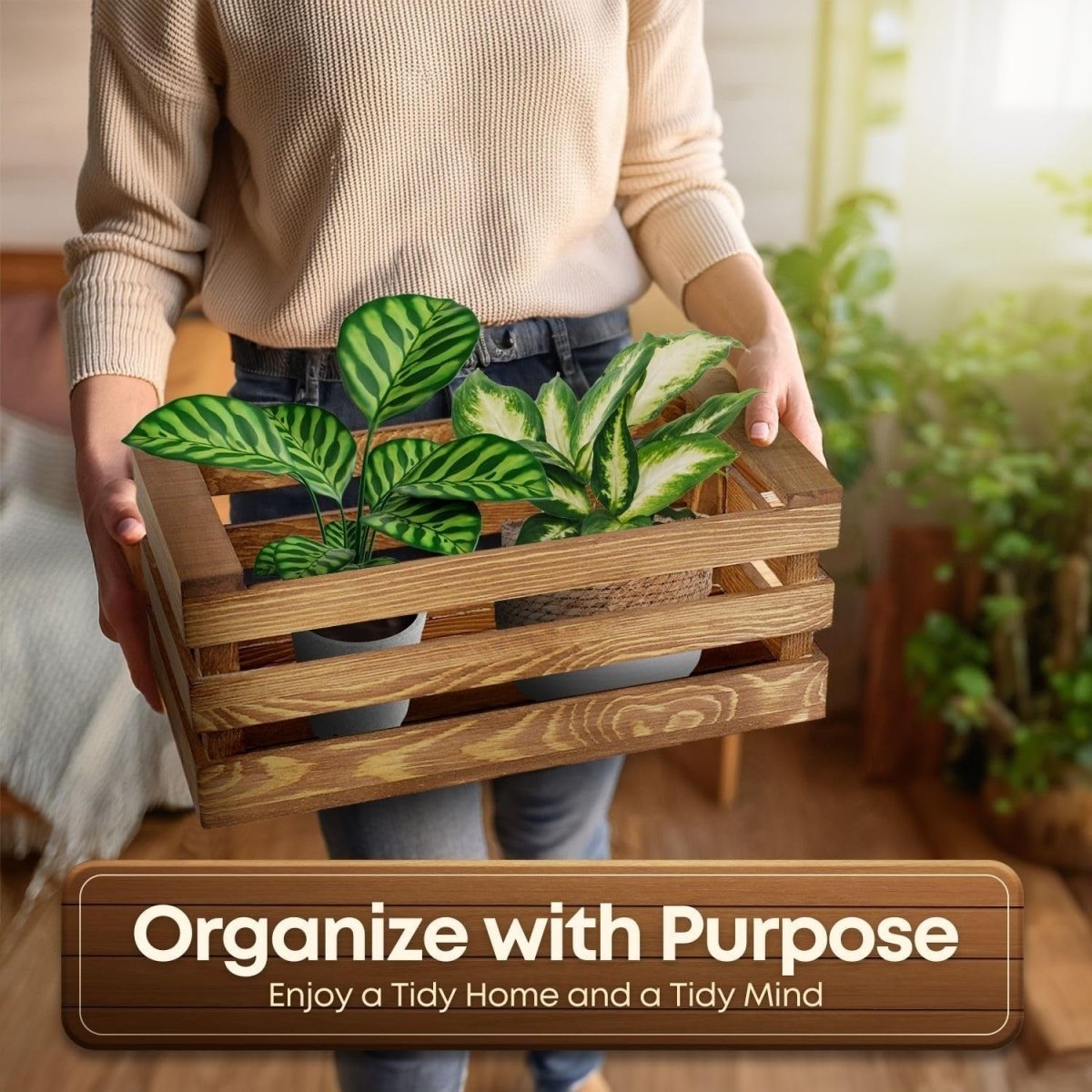 Set of 2 Wooden Crates with Handles 15x8.7x4.6in & 12x7.6x4.2in Storage Boxes - Kwikley