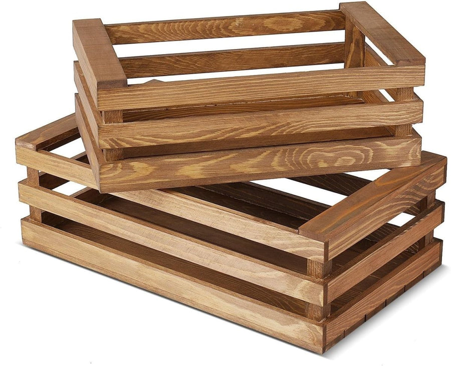 Set of 2 Wooden Crates with Handles 15x8.7x4.6in & 12x7.6x4.2in Storage Boxes - Kwikley