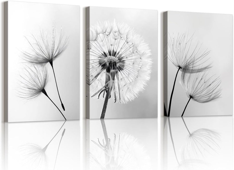 Set of 3 Black White Dandelion Canvas Wall Art 40x60cm - Kwikley