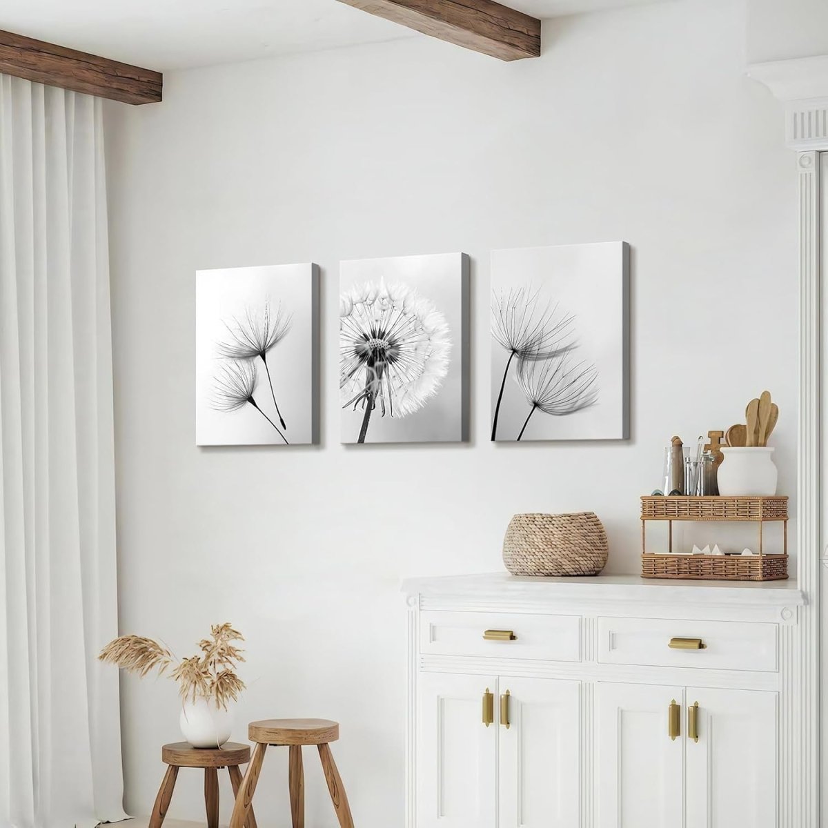 Set of 3 Black White Dandelion Canvas Wall Art 40x60cm - Kwikley