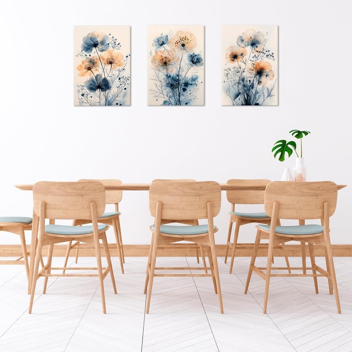 Set of 3 Blue Floral Canvas Wall Art 40x60cm Framed Prints - Kwikley