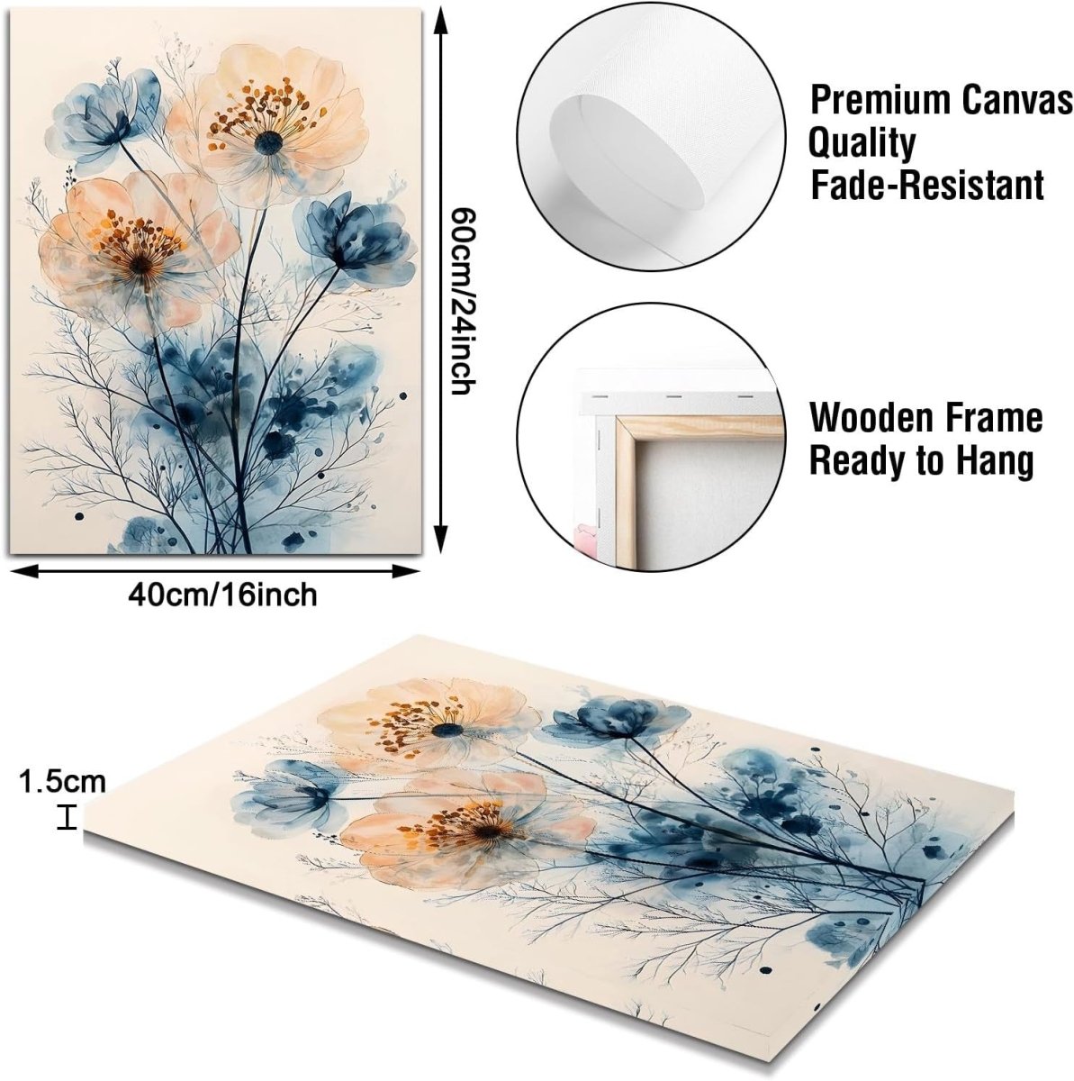 Set of 3 Blue Floral Canvas Wall Art 40x60cm Framed Prints - Kwikley