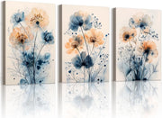 Set of 3 Blue Floral Canvas Wall Art 40x60cm Framed Prints - Kwikley